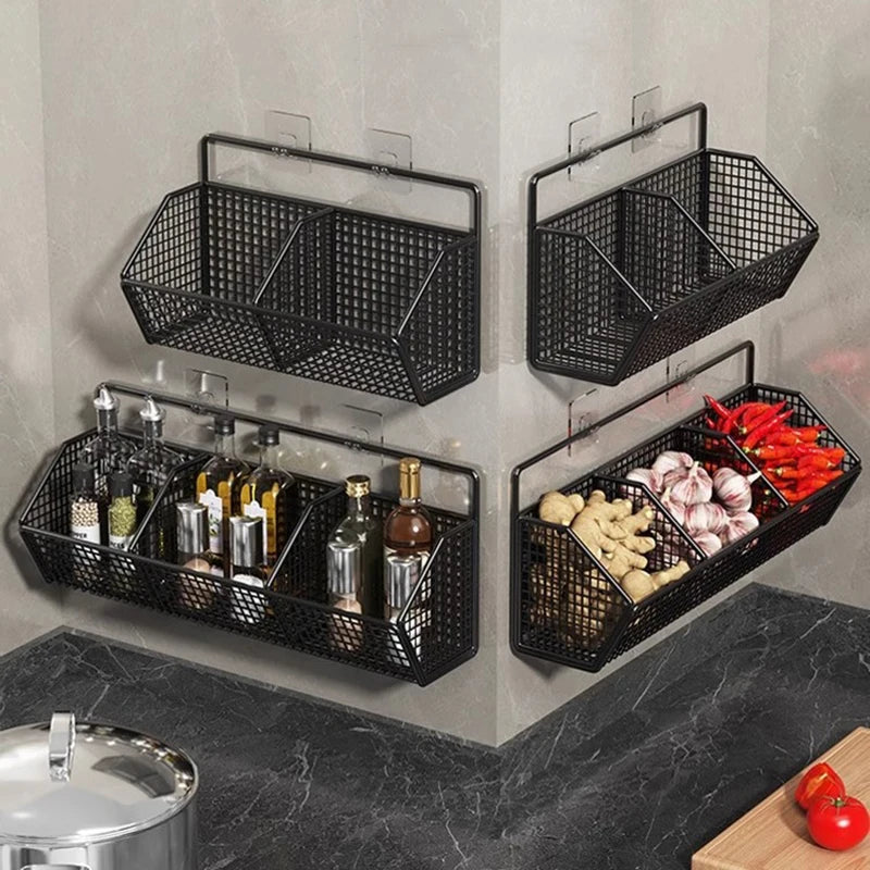Wall Mounted Storage Rack - Multi Compartment Kitchen Shelf for Onion, Ginger & Garlic Organizer