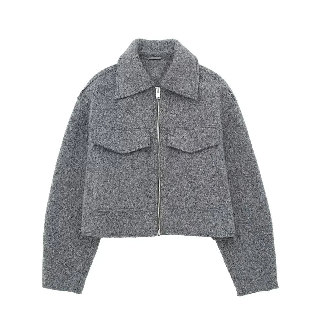 Women Zipper Jacket - Grey Vintage Lapel With Pockets | Casual Long Sleeve Outerwear
