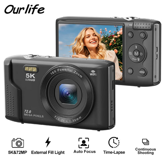 Compact Digital Camera | 5K Ultra HD Video, 72MP Photos, 16X Zoom, WiFi Remote Control
