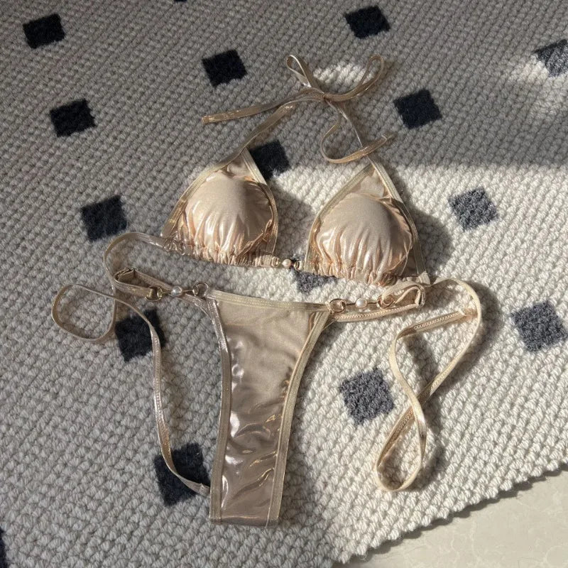 Shiny Pink Micro Bikini 2025 Mujer Women Sexy PU Pearls Push Up Thong Swimsuit Summer Bathing Suit Bandage Holiday Swimwear