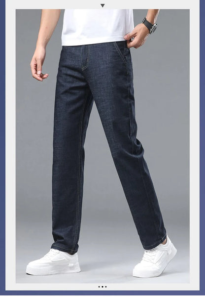 Light blue classic business jeans, fashionable breathable denim elastic pants, black blue men's straight leg jeans, sizes 28-40