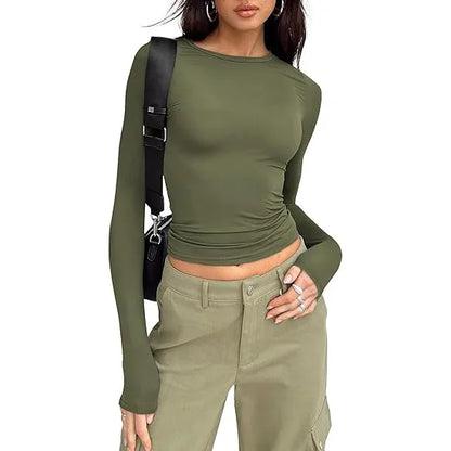 Women Slim Fit T-Shirt – Long Sleeve Crew Neck Crop Top | Casual Spring Summer Tee