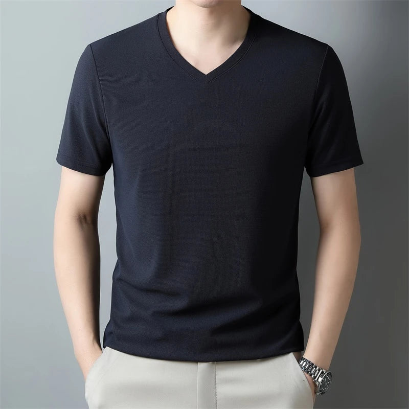 Men's V Neck T-Shirt – Lightweight Summer Shirt With Breathable Waffle Texture