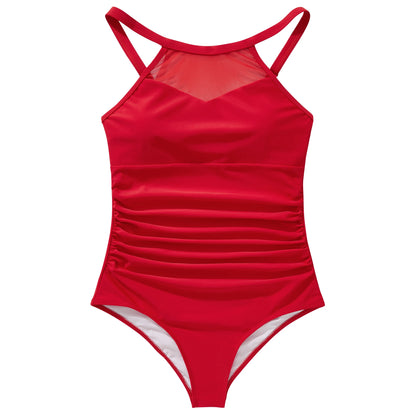 XL Size One Piece Swimsuit Women Mesh Hollow Out Swimwear For Women Solid Padded Push Up Plus Size Summer Bathing Suits Female