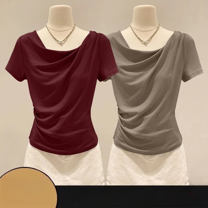 Summer Off Shoulder Top Women Summer Fashion Versatile Base Shirt Plus Size Slim Fit Short-sleeved T-shirt Casual and Sexy Beach