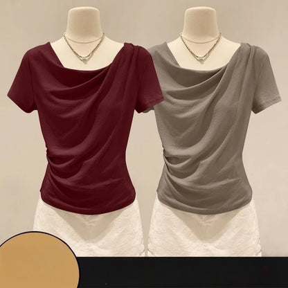 Summer Off Shoulder Top Women Summer Fashion Versatile Base Shirt Plus Size Slim Fit Short-sleeved T-shirt Casual and Sexy Beach