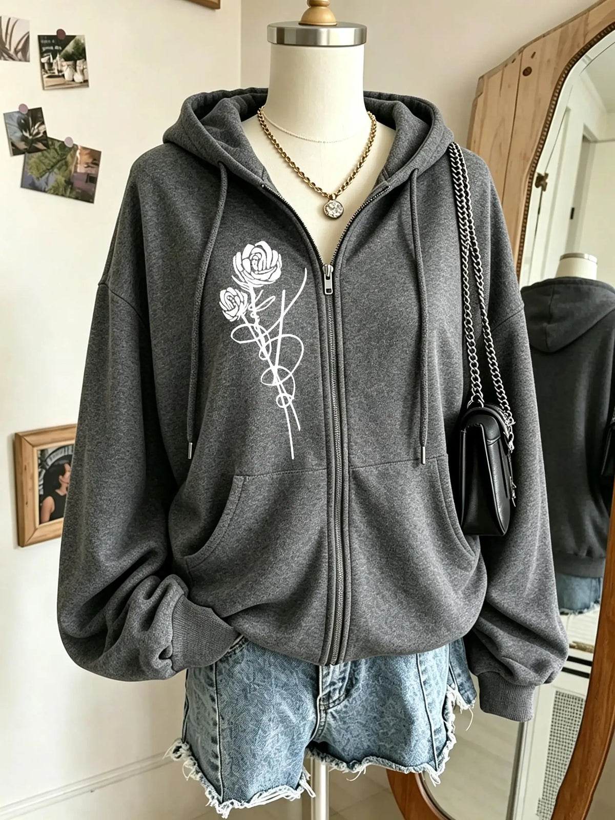 Roses And Positive Short Sentences Printing Zipper Hoodies Women Autumn Korean Hoodie Loose Pocket Sportswear Fleece Clothing
