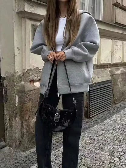 Women's Zipper Hoodie - Oversize Sweatshirt Casual Outerwear Coat With Double Pockets