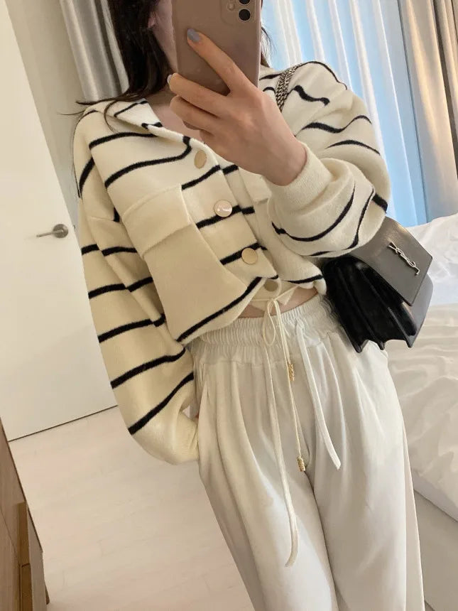 Loose Women's Knitted Cardigan Coat with Big Pockets Striped Splicing Drawstring Hem Single Buttoned Open Front Sweater