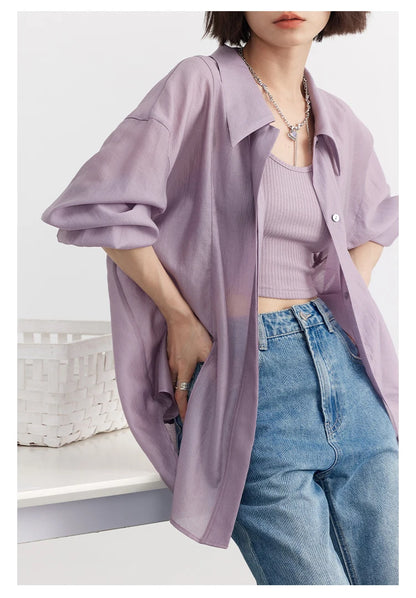 CHIC VEN Women Thin Shirt Long Sleeve Casual Loose Slightly Transparent Cool Blouses Woman Solid Design Female Top Summer 2026