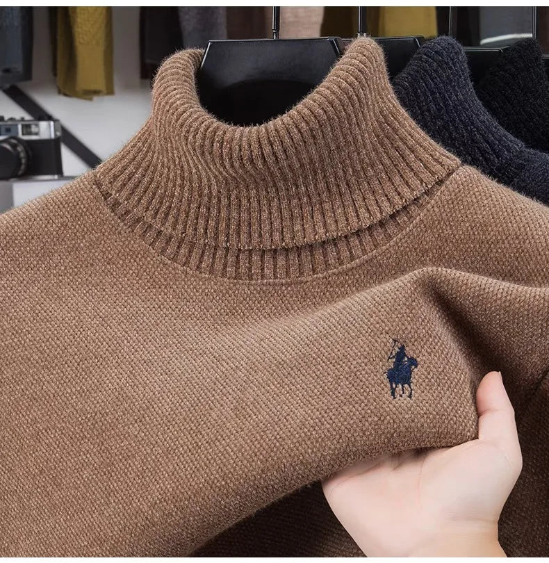 High end brand velvet sweater men's new fashion designer exquisite pony embroidery winter thick warm high neck knitted pullover