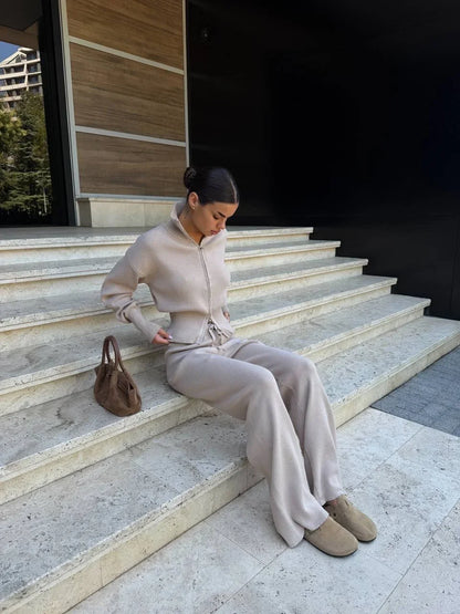 Solid Color Zipper Waist Cinching Casual Set Knitted Top Drawstring Straight Leg Pants 2-piece Sets 2026 Autumn Lady Daily Wear