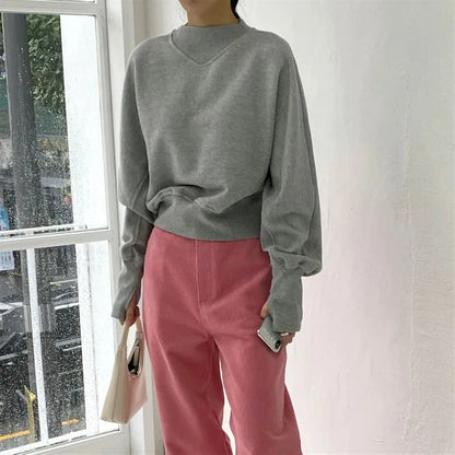 Fashion Waist Cinched Cropped Sweatshirts Women Autumn Harajuku Casual Oversized Pullover Lady Gray Long Sleeve Crewneck Hoodies