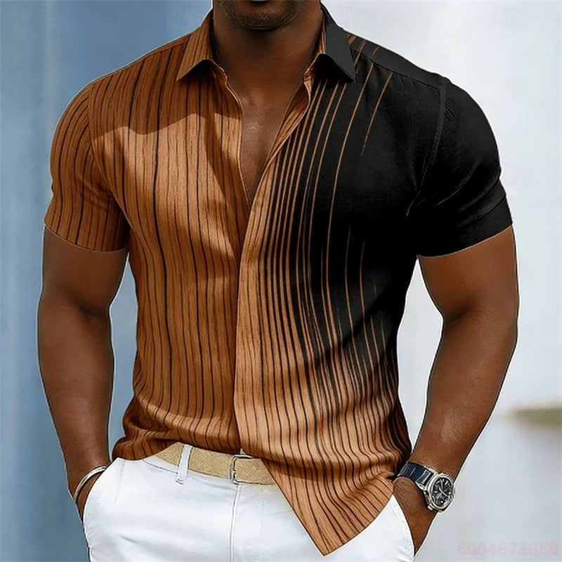 Men's color-blocked abstract striped short-sleeved shirt, summer fashion casual men's shirt, Hawaiian shirt, sizes XS-6XL.