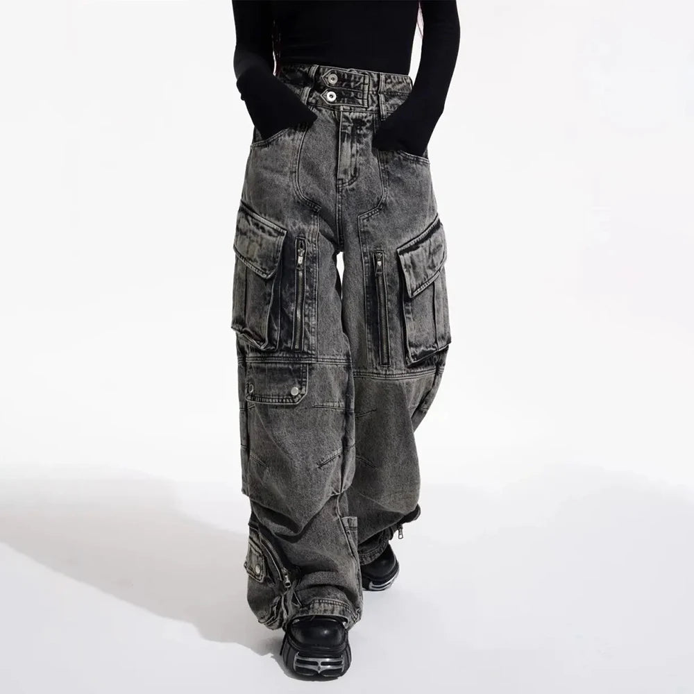 Men Gothic Jeans Y2k Big Pocket Cargo Jeans Streetwear Fashion Japanese Youth Campus Wide Leg Casual Pants Male Men'S Clothing