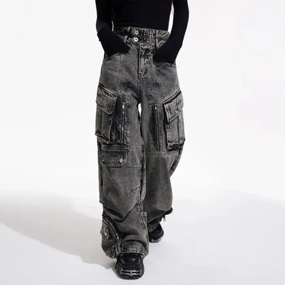 Men Gothic Jeans Y2k Big Pocket Cargo Jeans Streetwear Fashion Japanese Youth Campus Wide Leg Casual Pants Male Men'S Clothing