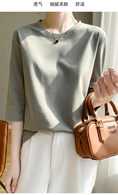 Summer Cotton Short-Sleeved T-Shirt Women's Round Neck Seven-Point Sleeves Loose Mercerized Cotton Half-Sleeve Shirt New T-shirt