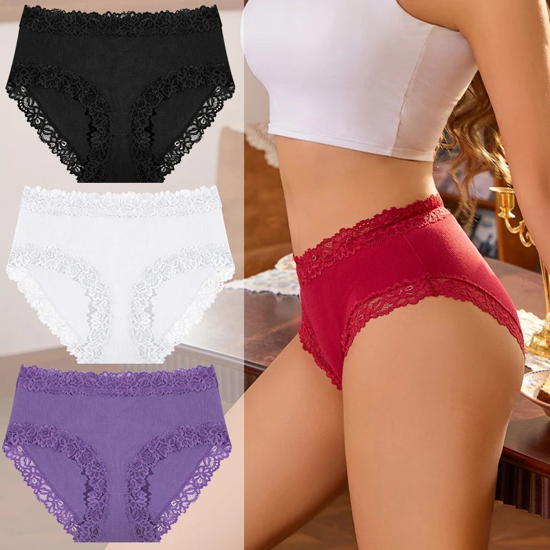 3PCS/Set Women Cotton Panties Lace Low Waist Briefs Trendy Patchwork Lace Intimate Underwear Stretch Comfortable Ladies Lingerie