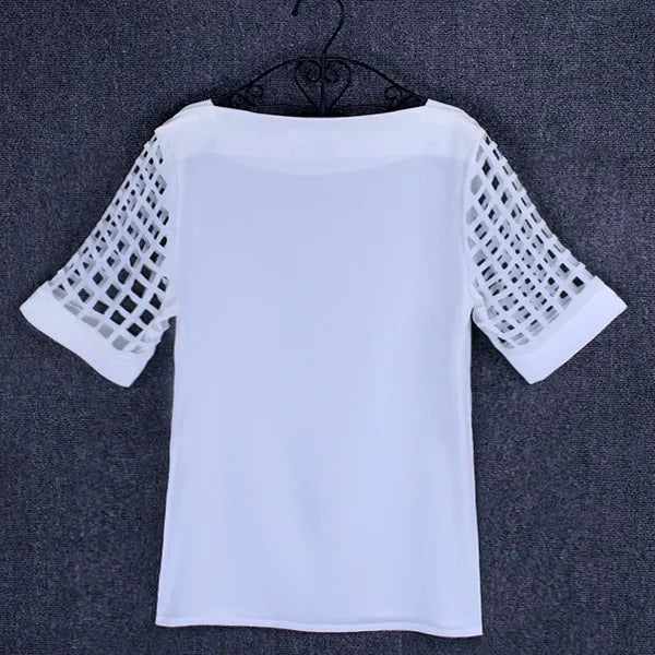Summer Fashion Women Blouses & Shirts Hollow Out Sleeve Slash Neck Chiffon Blouse Plus Size