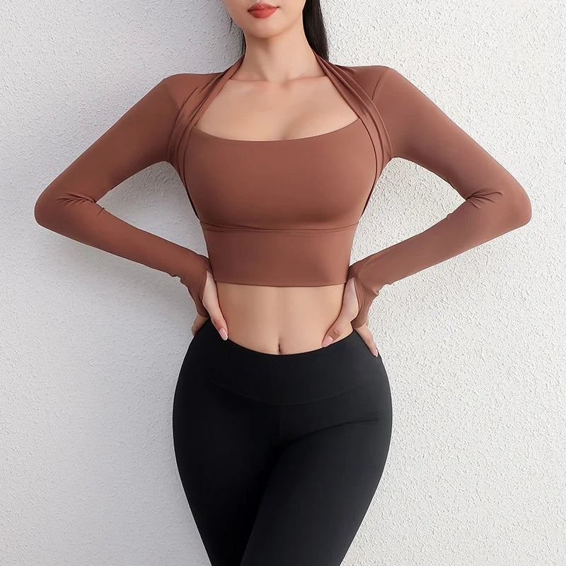 Women Yoga Crop Top | Slim Fit Long Sleeve Shirt - Breathable Knitted Sportswear for Fitness
