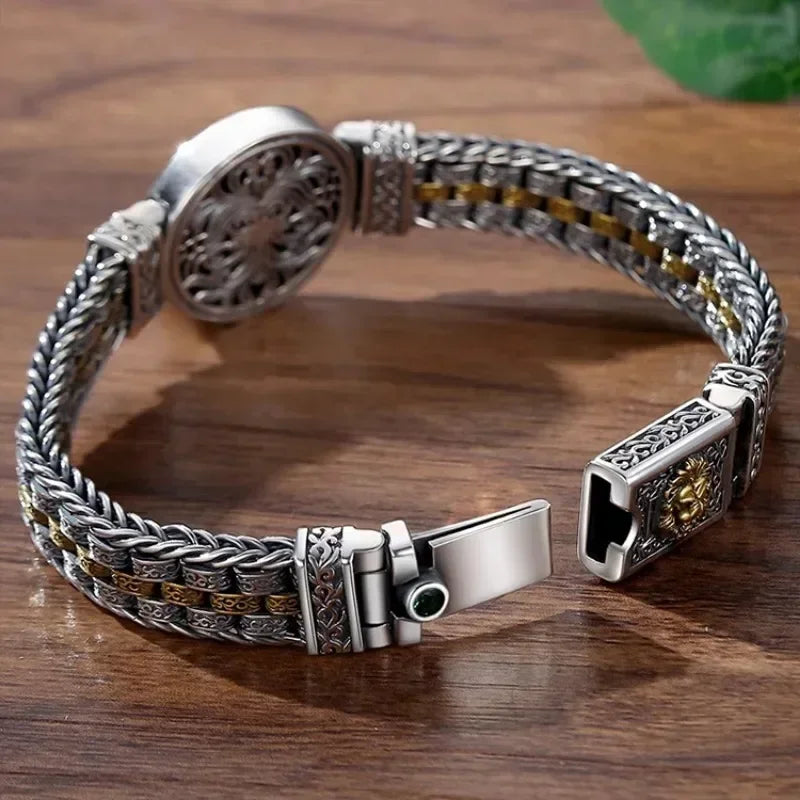 New Silver Color Round Lion King Tangcao Charm Bracelet Men's Trendy Retro Domineering Versatile Personalized Braided Jewelry