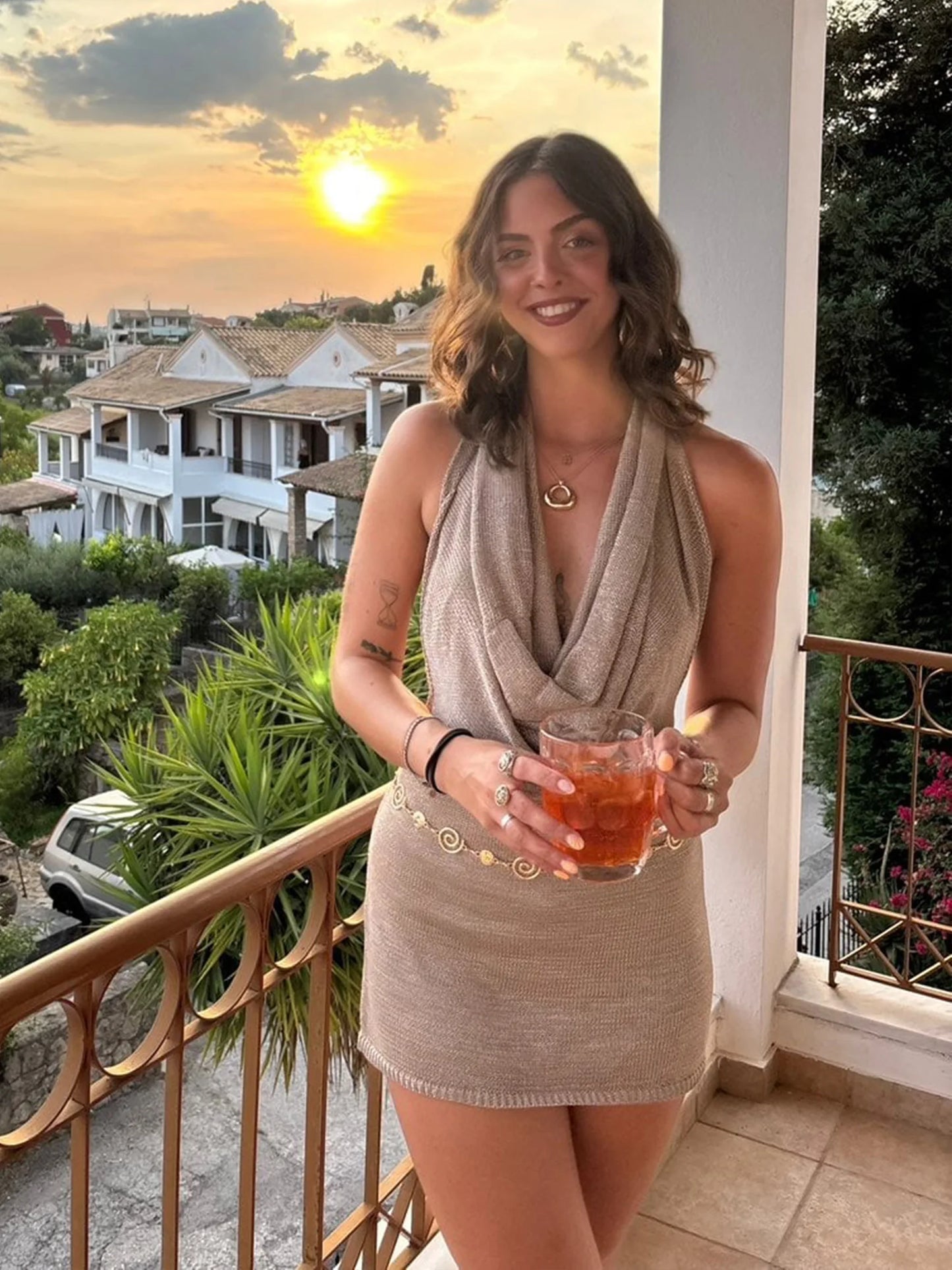 Silk Backless Mini Dress - Slim Fit Summer Vacation Dress With Deep V Neck & Spaghetti Straps
