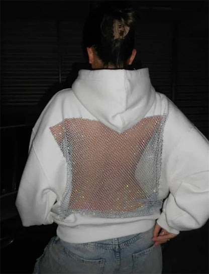 Women's Fashion Translucent Pullover Sweatshirt American Gothic Sexy Hollow Mesh Hoodie Y2K Clothes Casual Long Sleeves Jacket