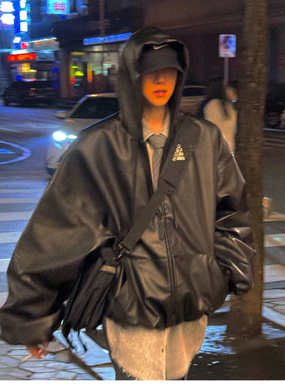 Mauroicardi Spring Autumn Short Oversized Black Soft Pu Leather Jacket Men with Hood Zipper Loose Casual Korean Fashion Clothes