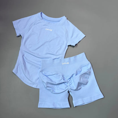 DFHE 2 Piece Athletic Tracksuit, Seamless Short Sleeve Yoga Wear, High Stretch Running Shorts, Gym Training Outfit