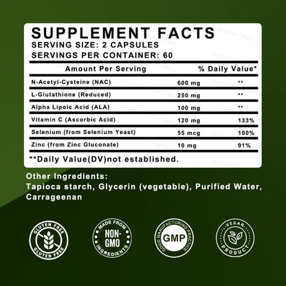 Premium NAC + Glutathione Complex Detox & Antioxidant Boost with Vitamin C | Liver Support, Immune System Health Supplement