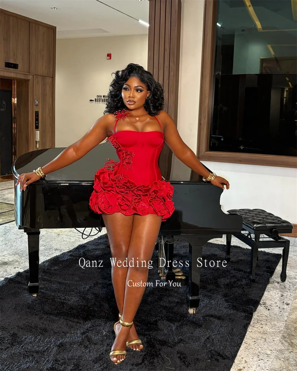 Mini Prom Dress - Red Birthday Halter Neck Ruffle Party Dress, Custom Size