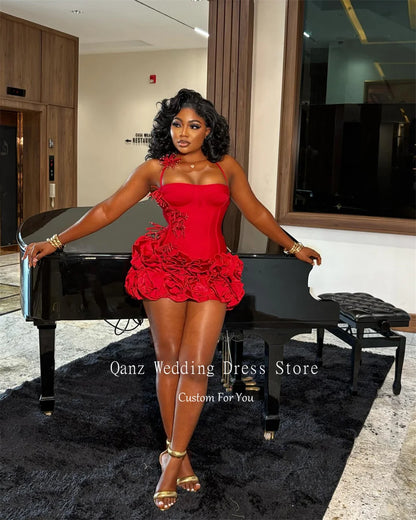 Mini Prom Dress - Red Birthday Halter Neck Ruffle Party Dress, Custom Size
