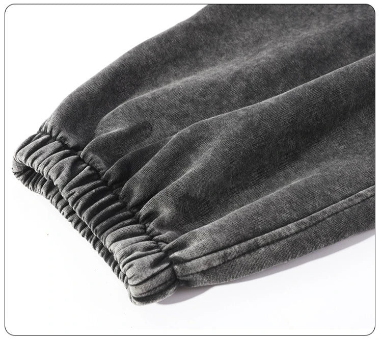 350g Water-Washed Distressed Loose Fit Casual Sweatpants with Ankle Ties - Retro American Style for Autumn/Spring