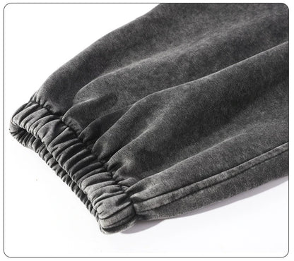 350g Water-Washed Distressed Loose Fit Casual Sweatpants with Ankle Ties - Retro American Style for Autumn/Spring