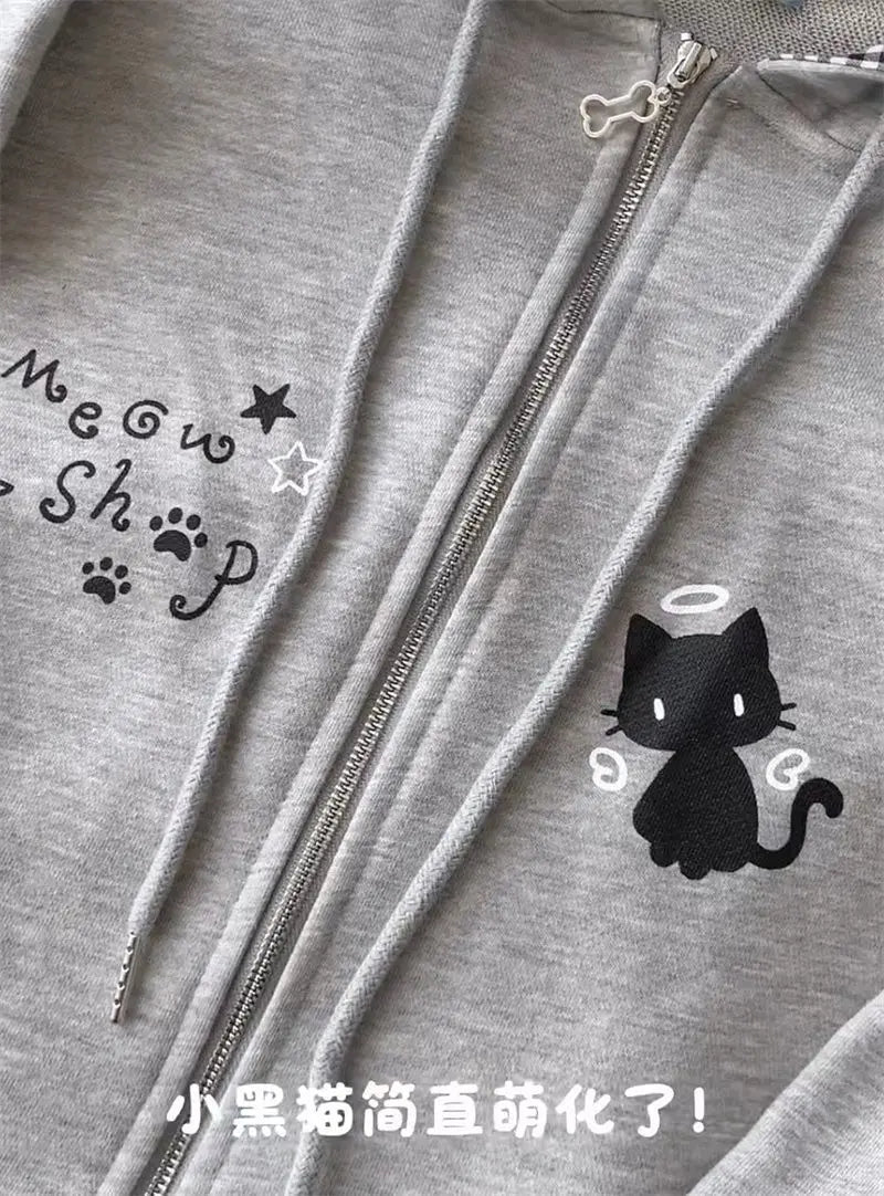 Zipper Hoodie Gothic Cartoon Kawaii Cat Ear Y2k Jacket Zip Up Thin Coat Spring Autumn Cute Core 2000s Clothes Fall Sweatshirts