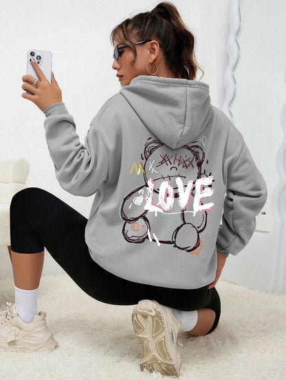 Graffiti Line Bear Simple Print Female Hoody Harajuku S-3xl Sweatshirt Fashion Casual Street Hooded Autumn Warm Streetwear Women
