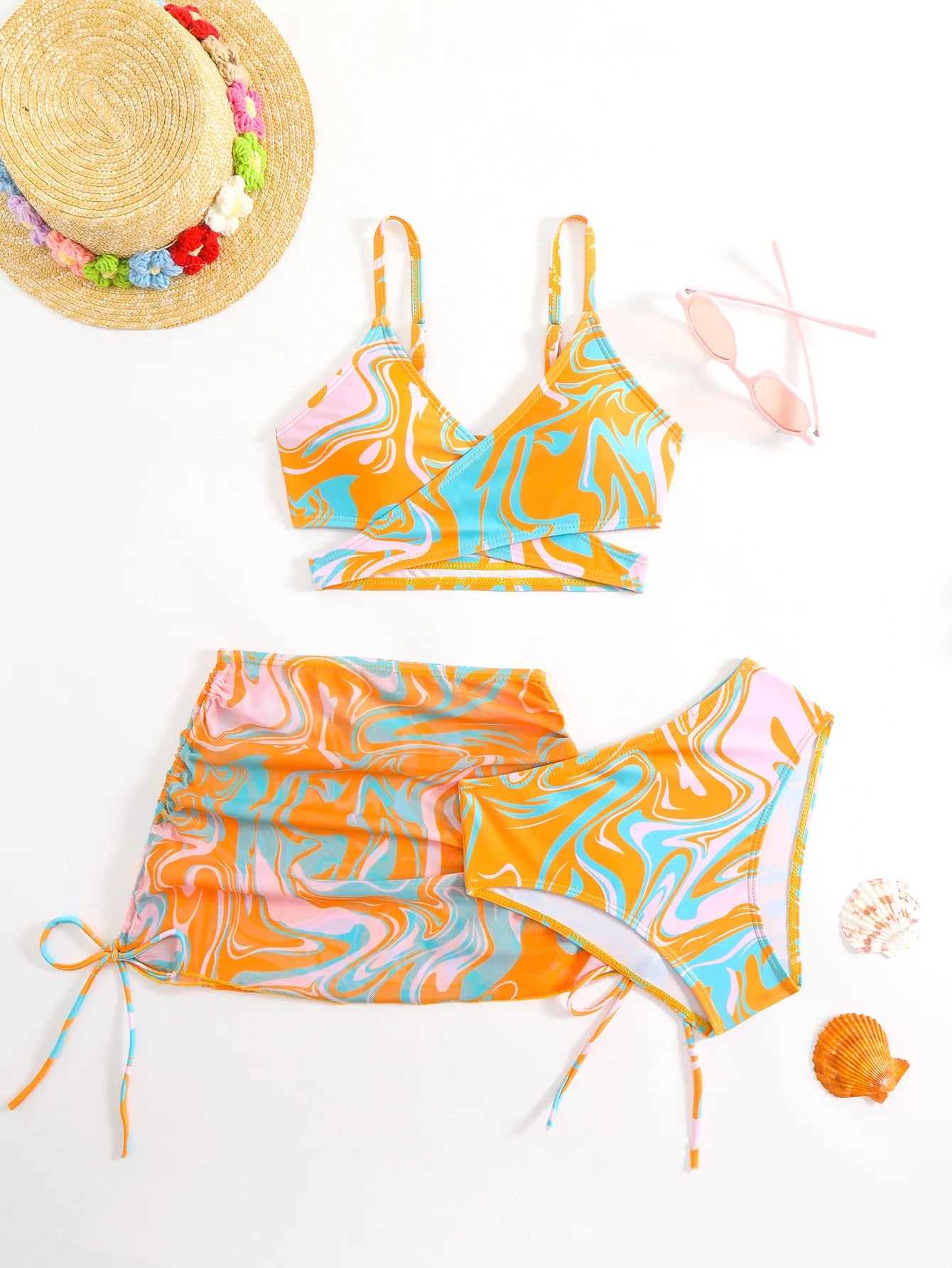 3pcs Swimming Suit for Girls Summer Beach Dress Swimsuit Tie-dye Printed Skirted Bikini Set Kids Bathing Suit
