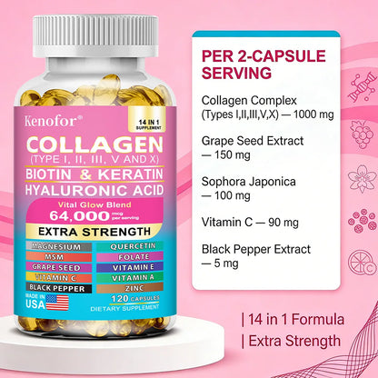 Collagen Capsules with Types I,II,III,V,X + Biotin Keratin Vitamins, Anti‑Aging, Skin Whitening, Hair, Nail Care & Joint Support