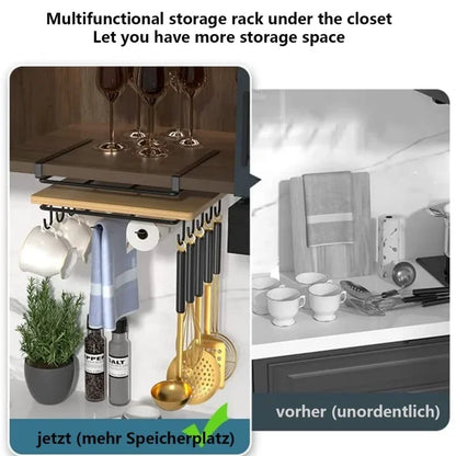 Under Cupboard Organizer Rack - Kitchen Storage Rack with Cutting Board Holder & Paper Towel Hanger