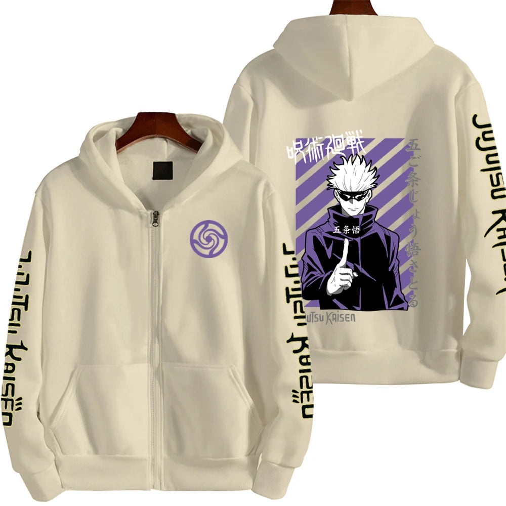 Hot Anime Jujutsu Kaisen Gojo Satoru Graphic Hooded Men Women Casual Zip Hoodies Manga Zipper Jacket Harajuku Male Sweatshirt