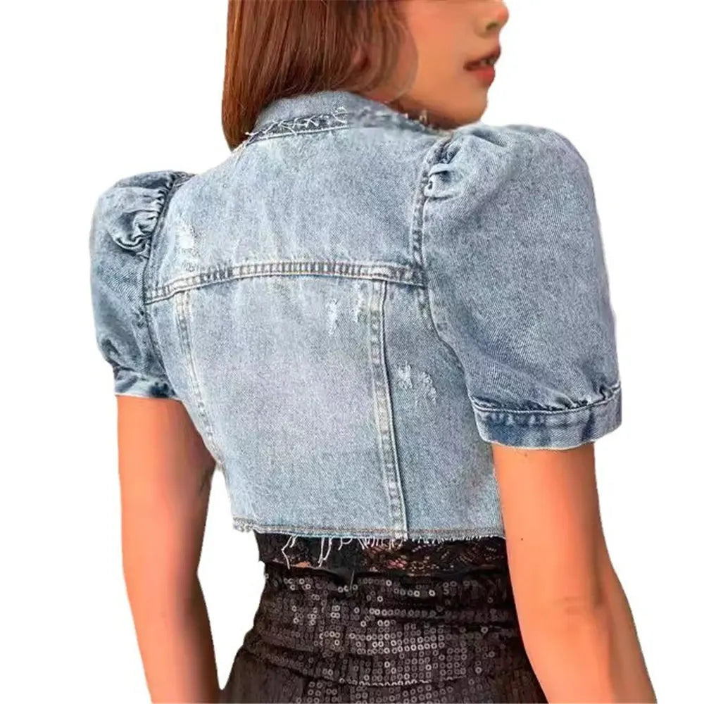 Women Crop Denim Jacket Fashion Vintage Retro Holes Puff Short Sleeve Pockets Coat Top Female Casual Short Clothes Streetwear