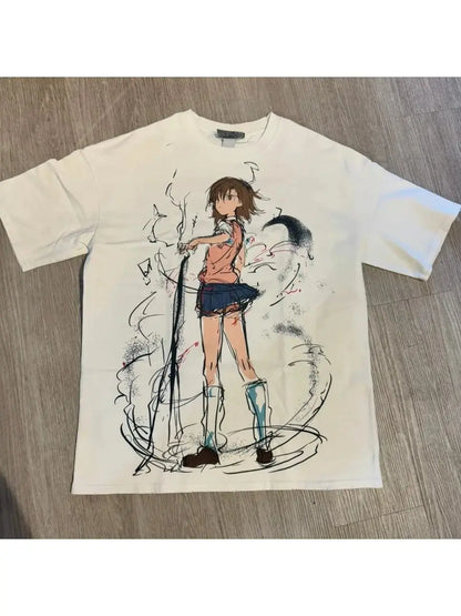 T-shirt men's street clothing Japanese cartoon pattern T-shirt neutral casual white cotton Women T-shirt top