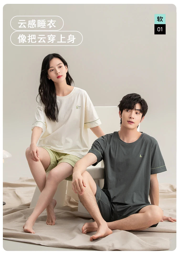 Couple Pajamas Set Summer Short-Sleeved Sleepwear 100% Cotton Men and Women Pyjamas