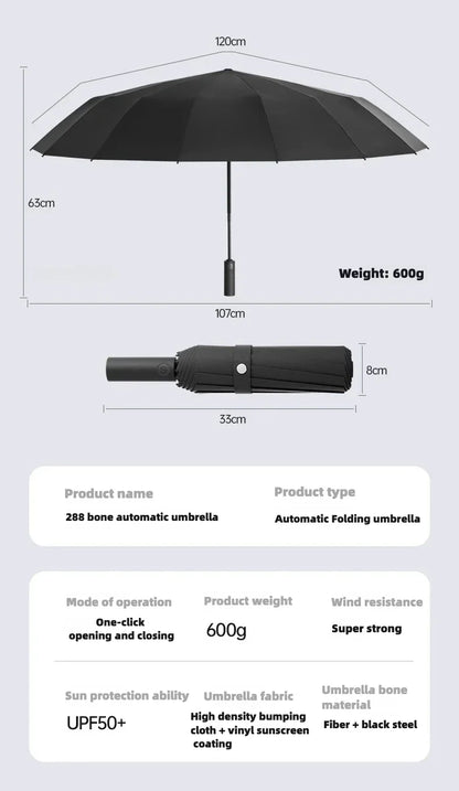 Stormproof Windproof Automatic Folding Rain Umbrella for Men, Large Strong Reinforced 288 Bone, Sun UV UPF50+ Parasol