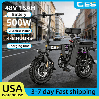 UPlee GE5 48V 15AH Battery EBike 30+MPH 250W Folding Electric Bike 30 Miles Max Range Electric Bike for Adults 14" Fat Tire