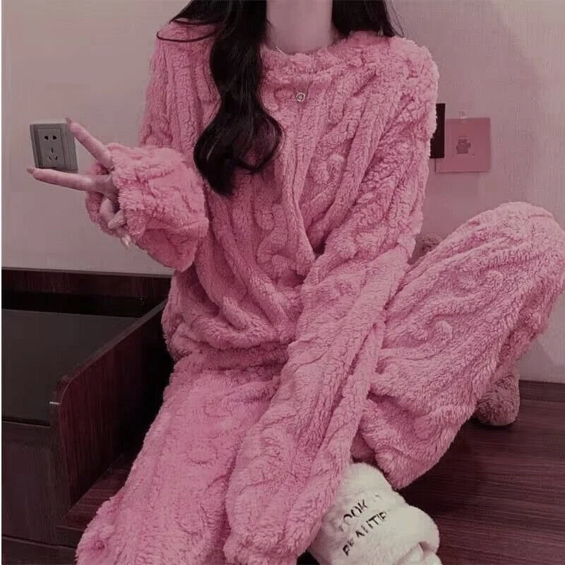 Ultra Soft Warm Coral Fleece Pajama Set Lightweight Fluffy Winter Loungewear Sleepwear For Women Cozy Home Suit Winter Style New