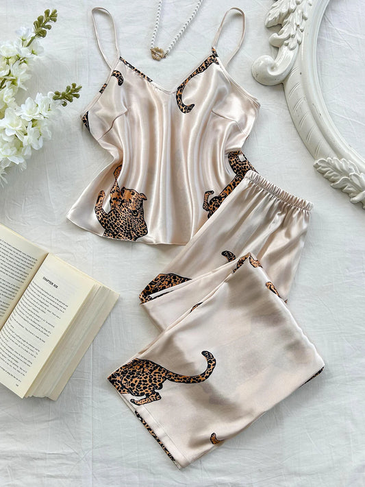 Comfortable Fashionable 2pcs V Neck Leopard Print Suspender Long Pants Pajama Set