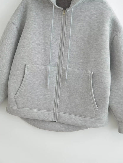 Women's Zipper Hoodie Oversize Jacket – Casual Outerwear Double Pocket Coat