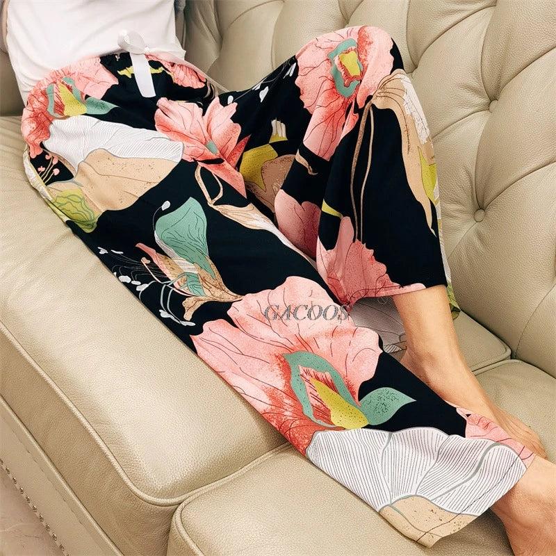 Women Cotton Casual Trousers Summer Loose Pajamas Home Pants Thin Wide Leg Pants Fashion Oversized Sleep Bottoms Korean Pants
