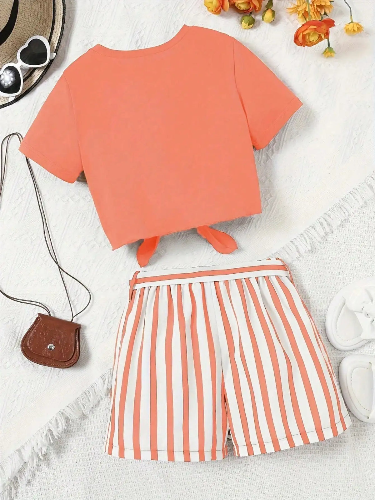 Women's casual daily short sleeved love printed+striped printed shorts 2-piece set with random belt striped children's clothing
